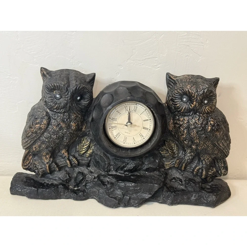 Vintage Double Owl Mantel Clock Retro‎ Faux Stone Quartz Desk Shelf Decor 1980s